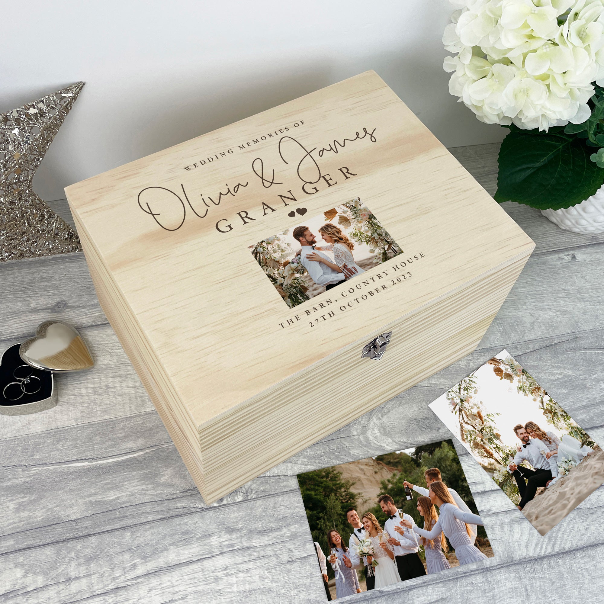 Personalized Wooden Wedding Photo Memory Box - Custom Engraved Keepsake Gift for Couples (5 Sizes: 16cm, 20cm, 26cm, 30cm, 36cm) - Perfect for Anniversaries, Bridal Showers & Romantic Home Decor