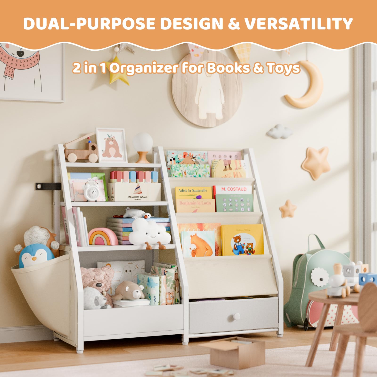 White Kids Bookshelf & Toy Storage Organizer - Montessori Bookcase for Nursery, Toddler Room & Playroom - Perfect for Organizing Books, Toys & Learning Materials