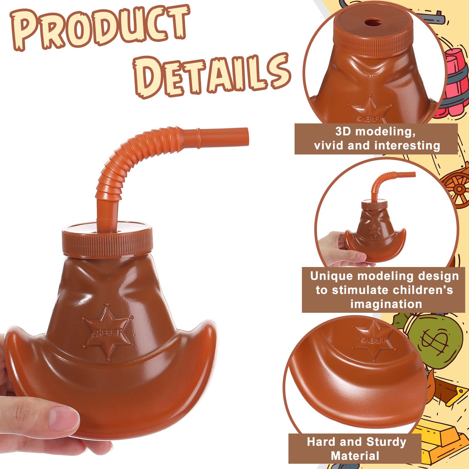 12 Pack Cowboy Hat Party Cups with Straws & Lids - 10oz Western Themed Plastic Cups for Rodeo, Cowgirl Birthday, Wild West Decorations & Party Supplies (Brown) - Perfect for BBQ, Country Weddings & Themed Events