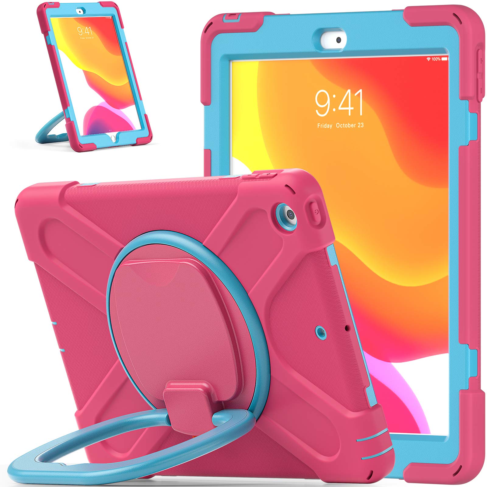 Heavy Duty Shockproof iPad Case with Pencil Holder & Shoulder Strap - Compatible with iPad 9th/8th/7th Gen 10.2 Inch (2021/2020/2019 Models) - Ring Shield Series in Pink & Light Blue - Perfect for School, Work & Travel Protection