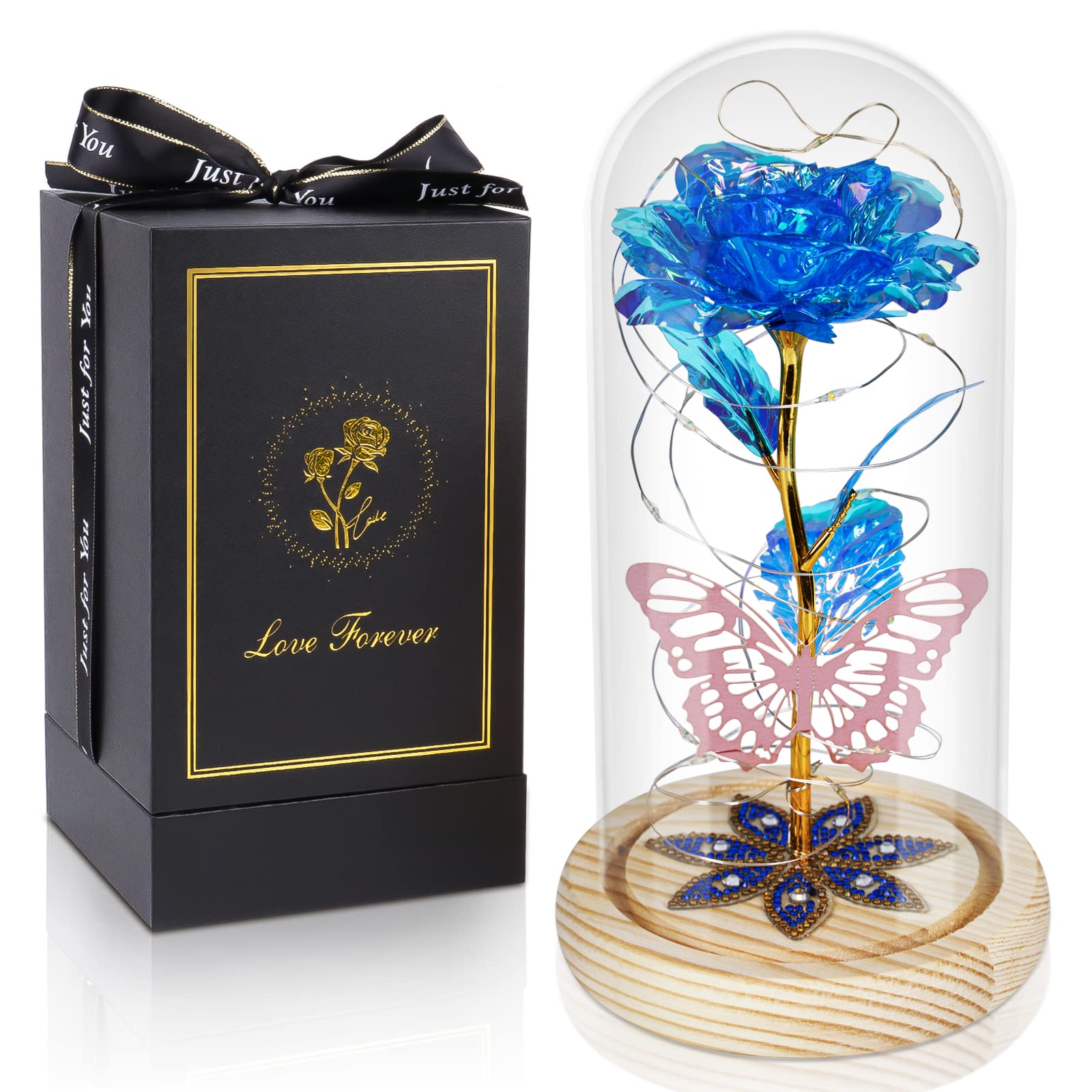 Beferr Preserved Rose in Glass Dome - Eternal Artificial Flower Gift for Women, Mom, Wife, Daughter, Grandma - Birthday, Mother's Day, Anniversary Present - Blue Galaxy Rose - Perfect for Home Decor, Office Desk, Romantic Surprise & Special Occasions