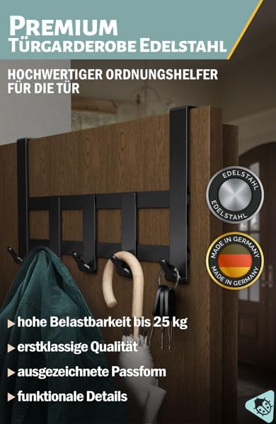 Premium 5-Hook Black Door Coat Rack - Heavy Duty Over The Door Hanger for Jackets, Hats, Bags & Accessories - Space Saving Entryway, Bedroom & Closet Organization Solution
