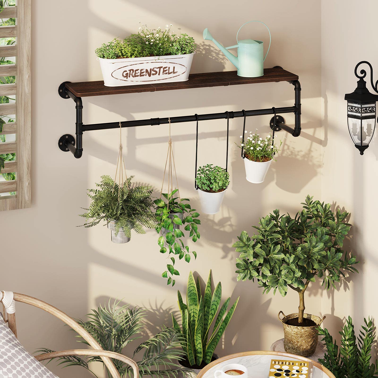 GREENSTELL Wall Mounted Clothes Rack - 45.5 Inch Industrial Pipe Shelf with Hanging Rod for Bedroom, Laundry Room & Closet | Space Saving Clothing Organizer for Hanging Clothes, Towels & Accessories | Perfect for Small Spaces & Apartment Living