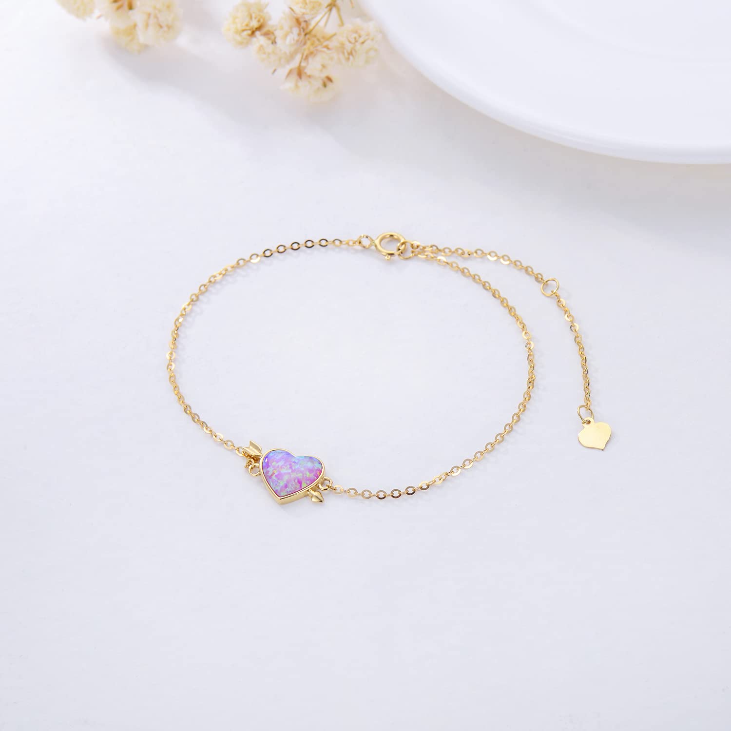14k Solid Gold Sunflower & Heart Charm Bracelet for Women - Dainty Adjustable Bracelet for Girls, Graduation Gifts, Birthday Present, Valentine's Day Jewelry - Perfect for Everyday Wear, Special Occasions & Gift Giving