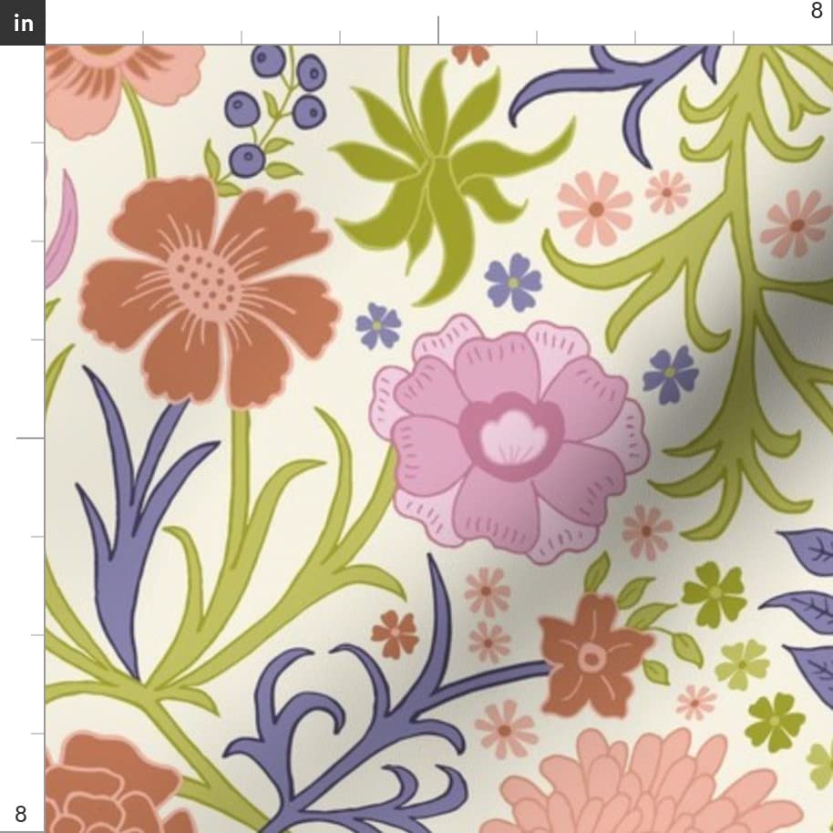 Ornate Floral Pink Flowers Spring Hand Drawn Lavender Easter William Printed Denim Fabric by The Yard - Bottomweight Apparel, Home Decor & Upholstery Material - Perfect for DIY Dresses, Curtains & Throw Pillows