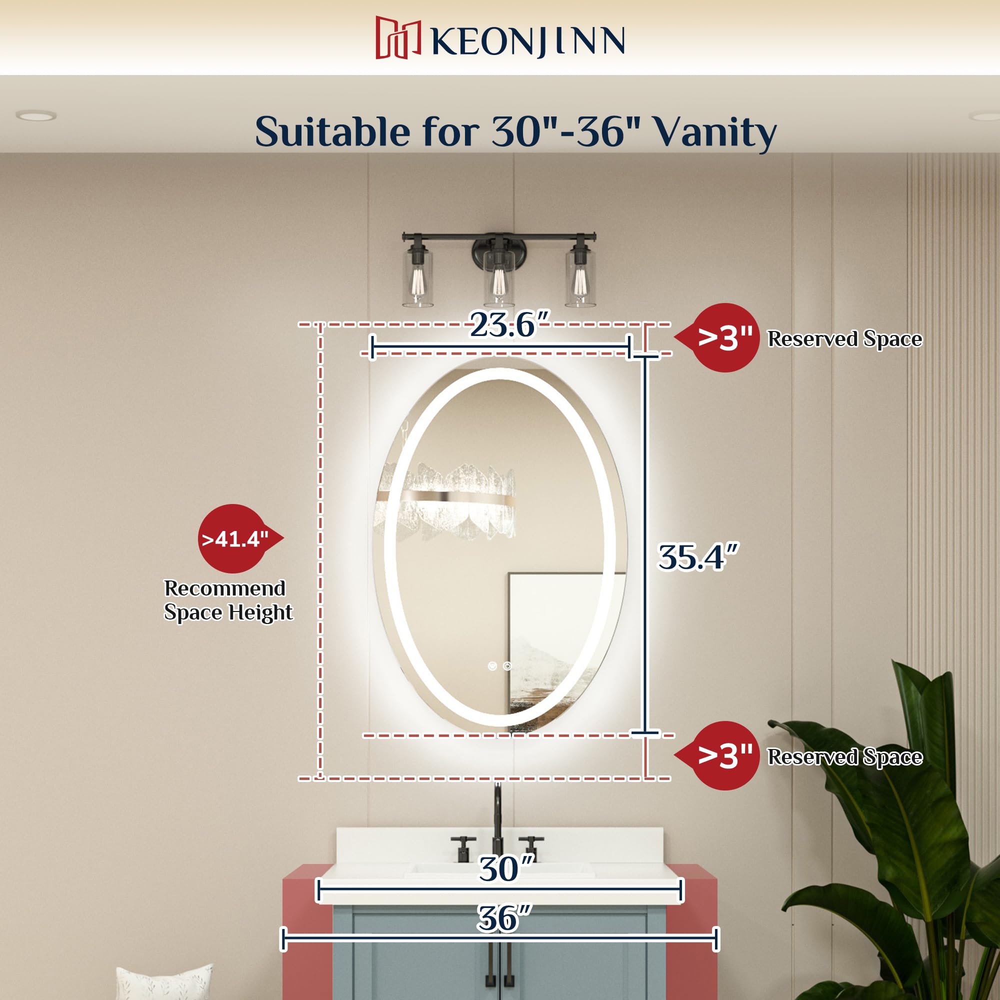 Keonjinn 24 x 36 Inch LED Bathroom Mirror with Anti-Fog & Dimmable Front Lighting - Shatter-Proof Oval Vanity Mirror with Memory Function (CRI 90+) - Perfect for Modern Bathrooms, Makeup Areas & Dressing Rooms