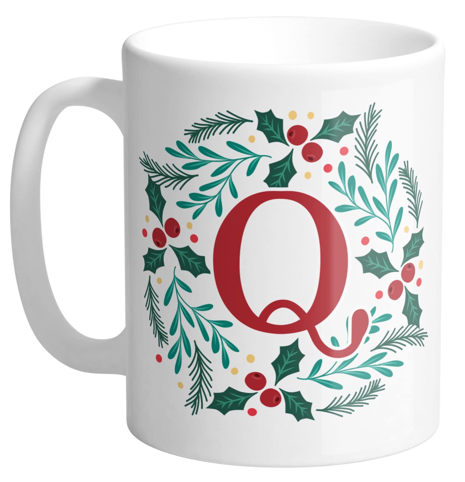 Personalized Initial Letter Q Ceramic Coffee Mug 11oz - Christmas Monogram Wreath Design - White - Perfect for Holiday Gifts & Cozy Home Decor