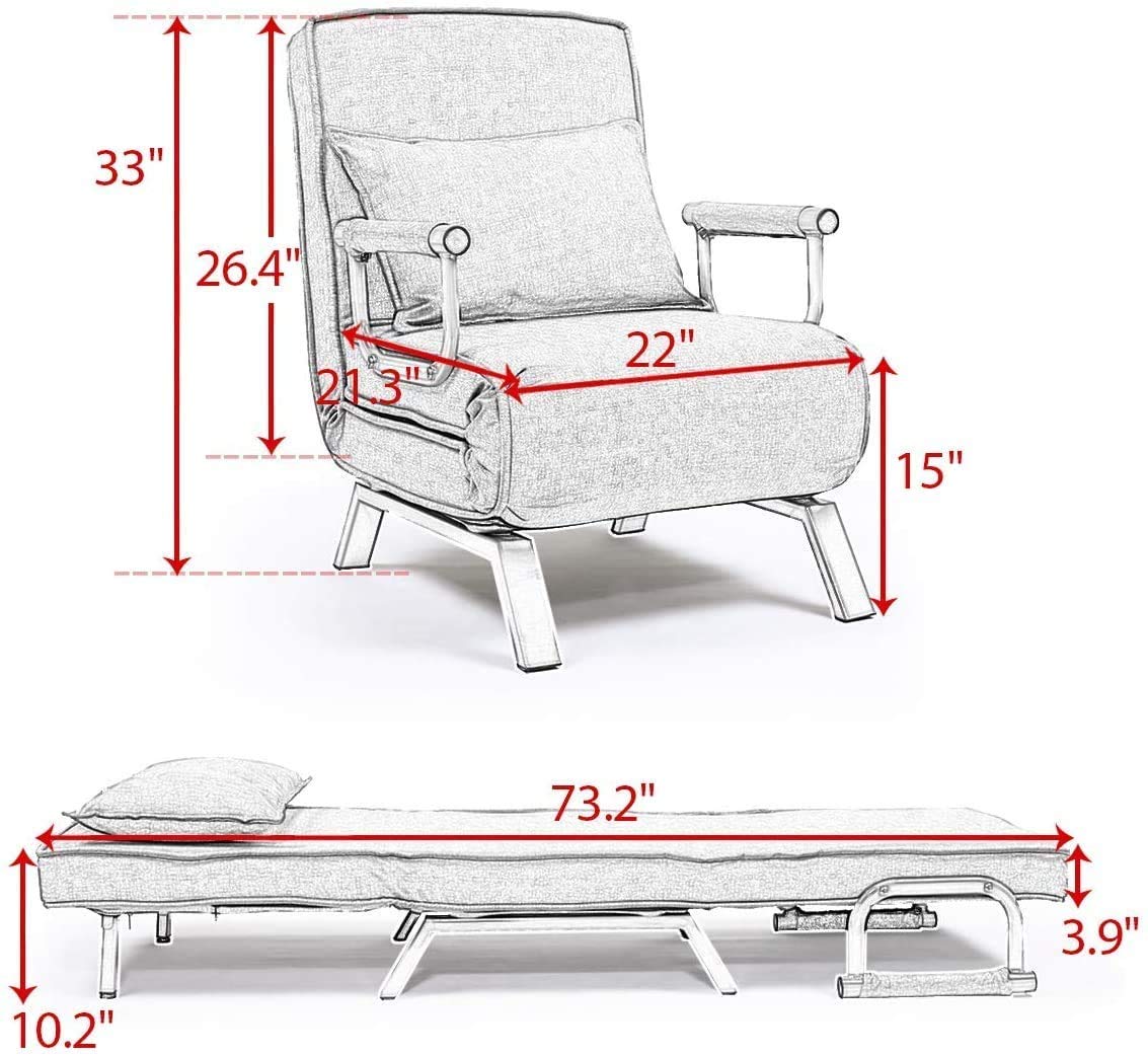 5-Position Adjustable Convertible Sofa Bed Sleeper Chair - Modern Chaise Lounge with Pillow & Upholstered Seat - Foldable Armchair for Small Spaces - Perfect for Bedroom, Home Office & Guest Room (Grey)
