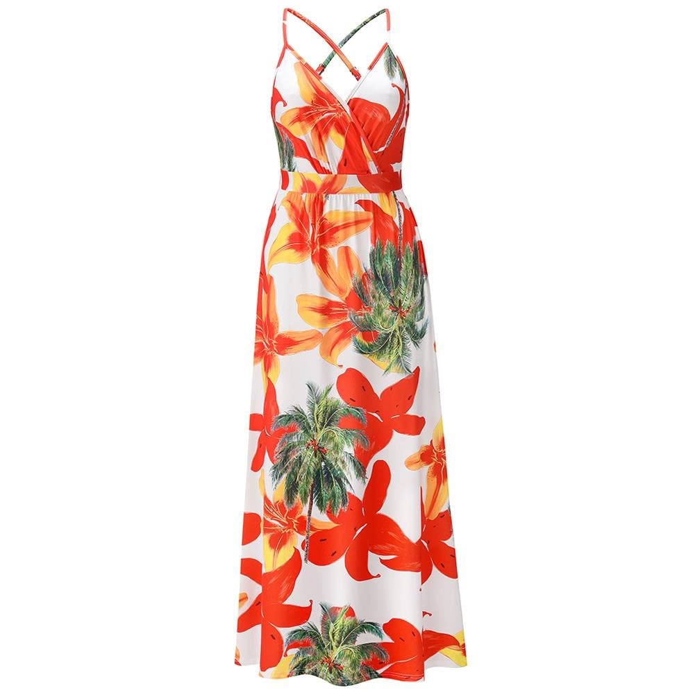 Bohemian Floral Print Women's Maxi Dress - V-Neck Spaghetti Strap Long Sling Dress for Beach, Vacation & Summer Outfits
