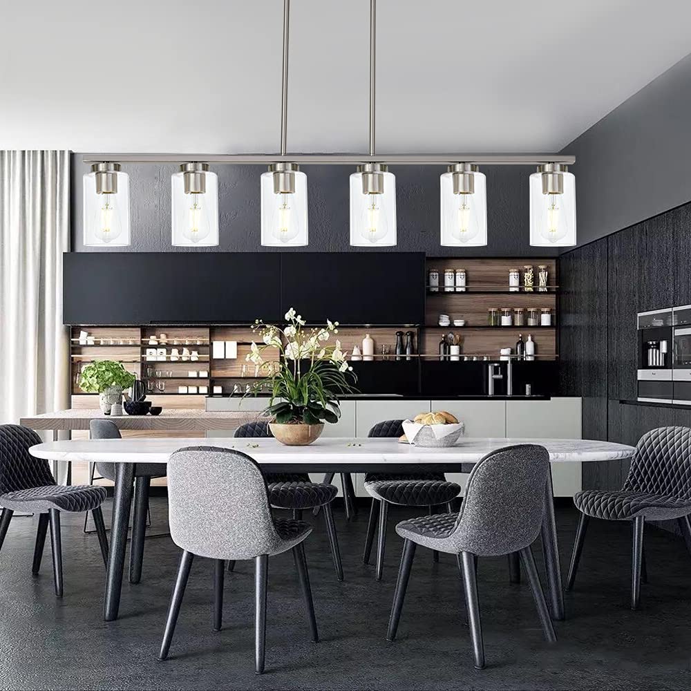Modern 6-Light Linear Pendant Light Fixture with Clear Glass Shades - Brushed Nickel Finish for Kitchen Island, Dining Room, Pool Table & Bar Counter Lighting