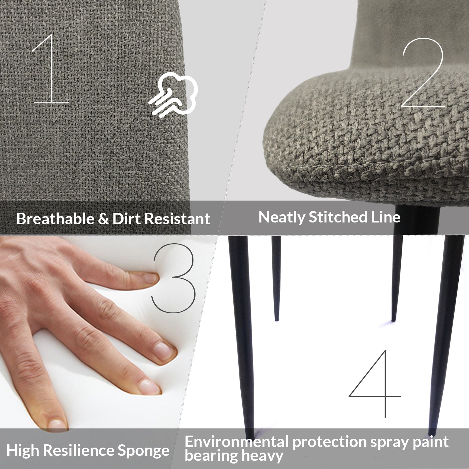 Modern Upholstered Dining Chairs Set of 4 - Grey Linen Cushion with Sturdy Black Metal Legs for Kitchen, Dining Room & Breakfast Nook - Comfortable & Stylish Seating for Family Meals, Entertaining & Small Spaces