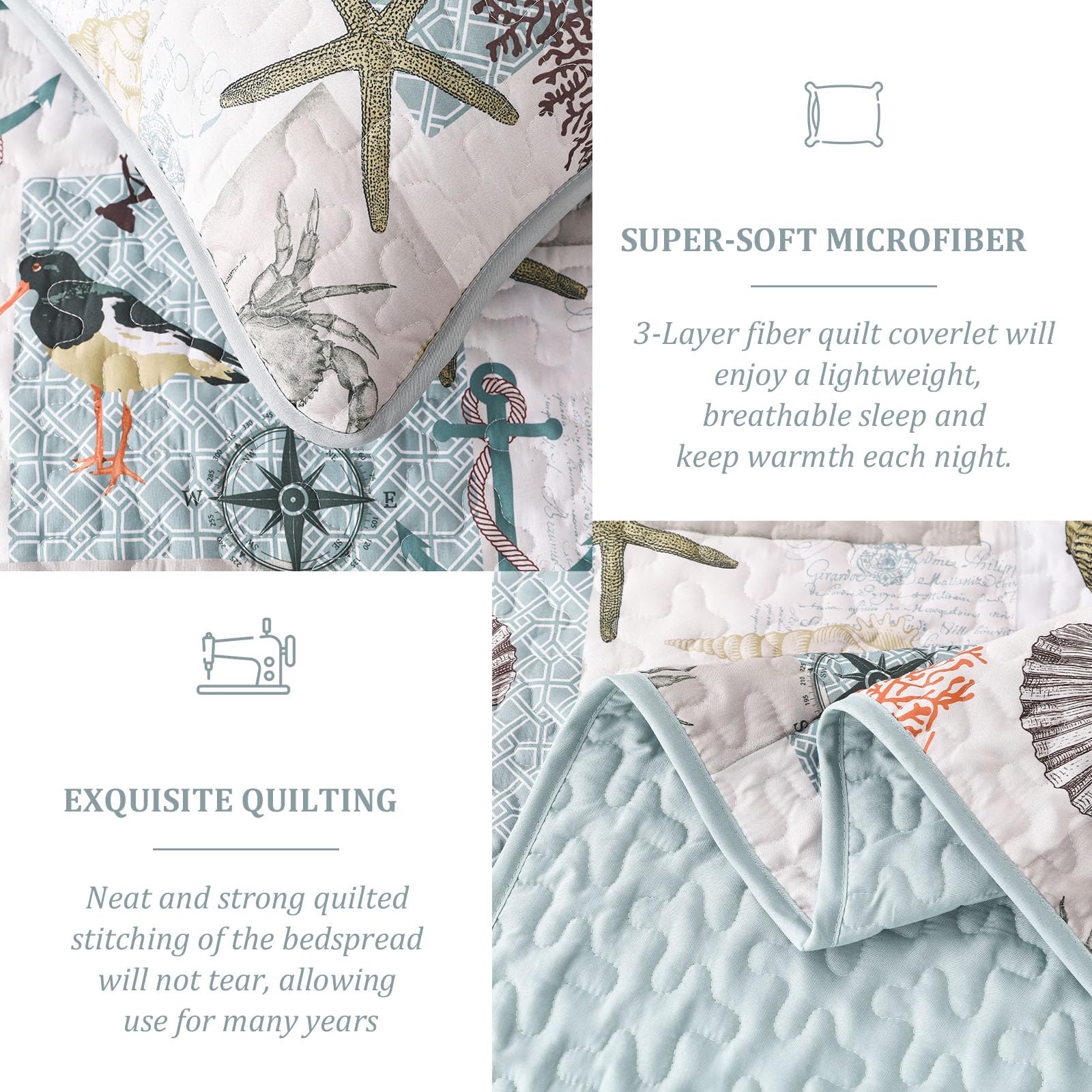 Ocean Themed Quilt Set - Queen Size 3 Piece Soft Microfiber Bedspread Coverlet | Lightweight Summer Blanket & Nautical Beach Bedding | All Season Coastal Decor for Bedroom | 96