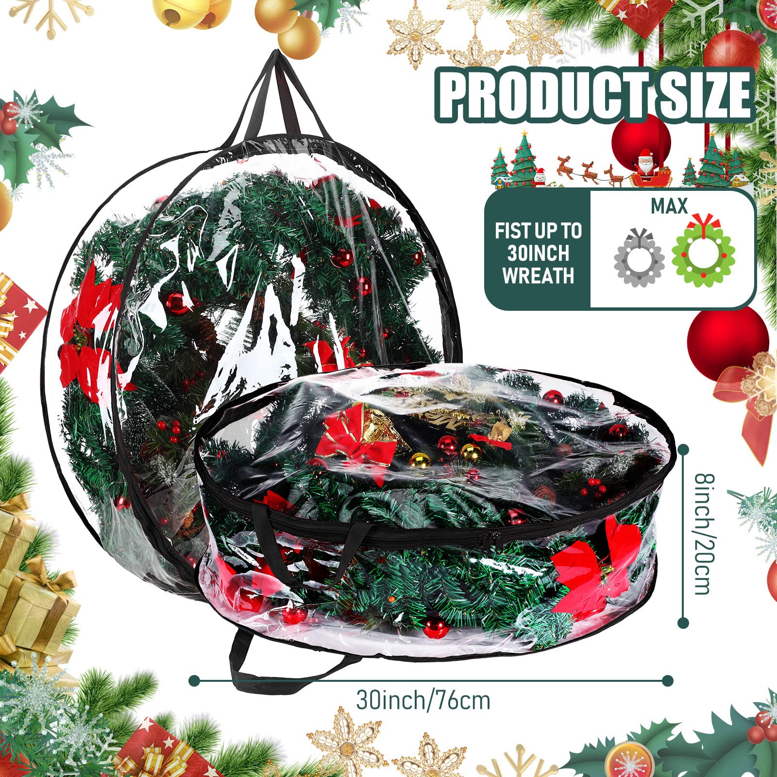 Shappy 30 Inch Christmas Wreath Storage Bags - 6 Pack Clear & Black Plastic Wreath Containers with Dual Zippers & Handles for Holiday Decor Storage - Perfect for Xmas, Thanksgiving, and Artificial Wreath Organization