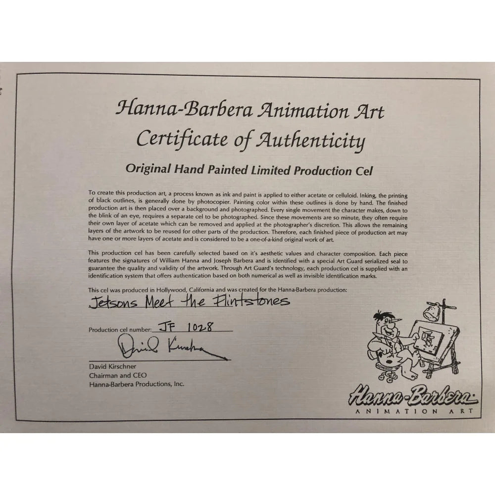 Original Flintstones Hand-Painted Hanna-Barbera Animation Cel - Dual Signed & Framed with JSA COA - Vintage Cartoon Collectible for Home Decor & Animation Art Display