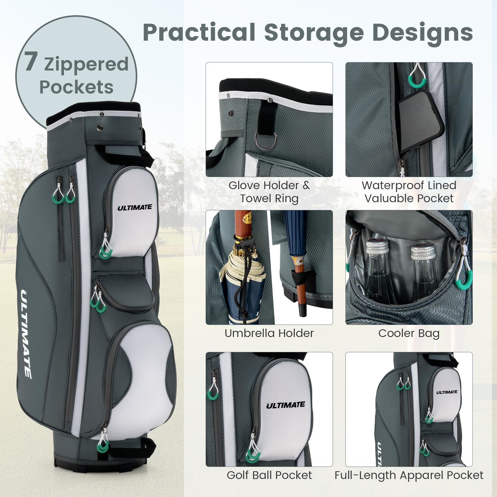Goplus 14-Way Golf Cart Bag with 7 Zippered Pockets, Cooler Compartment & Rain Hood - Lightweight Golf Club Organizer with Detachable Shoulder Strap for Men & Women - Perfect for Course Rounds, Tournaments & Golf Vacations