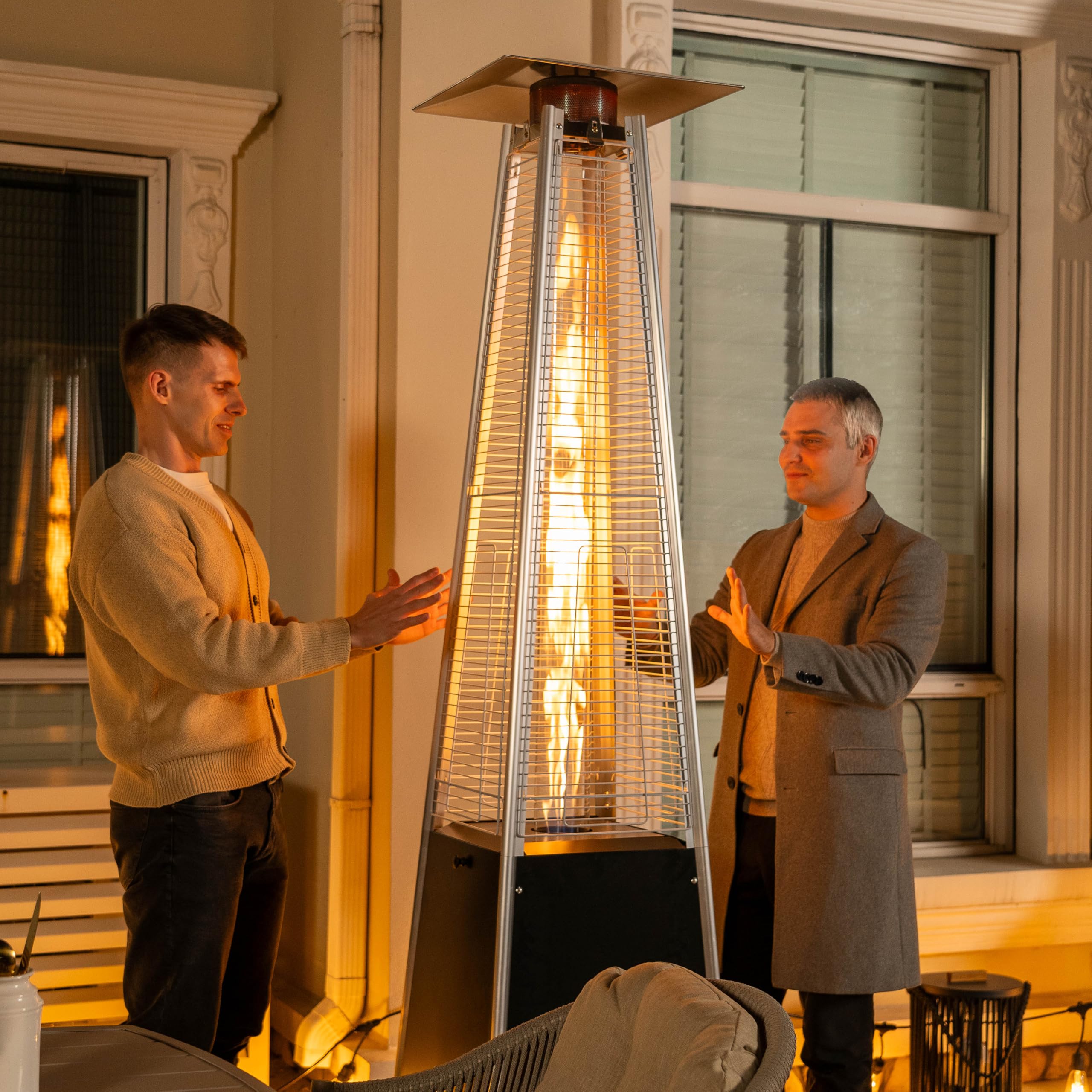 Nuu Garden 48,000 BTU Outdoor Propane Patio Heater with Wheels & Oxford Cover - Hammered Bronze Pyramid Tower Heater for Backyard, Deck, Terrace, Restaurant - Weather-Resistant Portable Heating Solution for Outdoor Gatherings