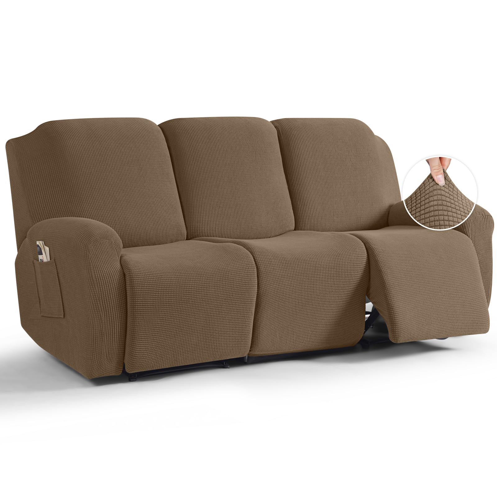 TAOCOO 8-Piece Stretch Recliner Sofa Cover Set - Soft Jacquard Fabric Couch Slipcover for 3-Seater Reclining Sofas, Furniture Protector (Khaki) | Perfect for Living Room, Home Theater & Family Gatherings