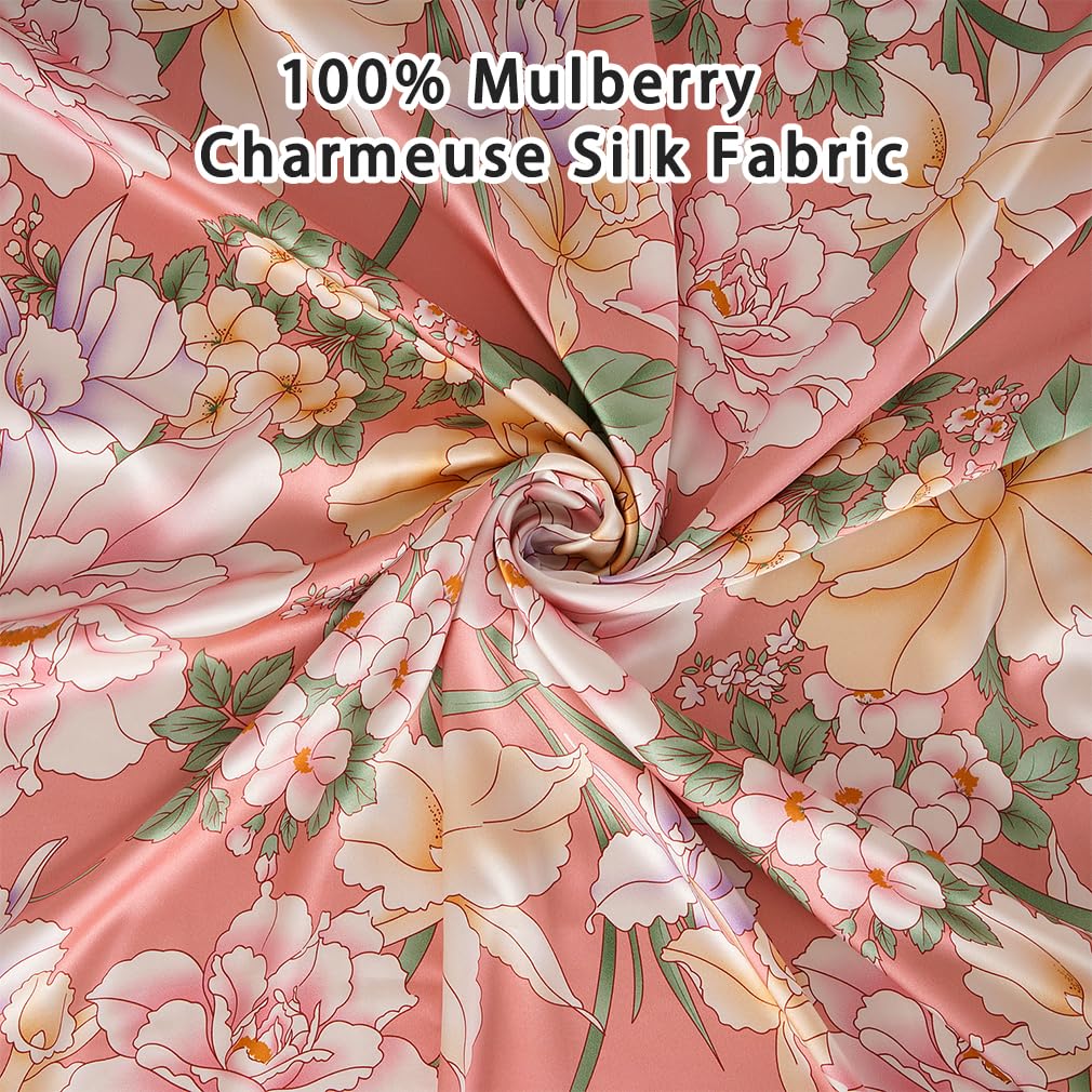 Maxfeel 100% Mulberry Silk Duvet Cover Set - Queen/King Size Floral Print Charmuse Silk Bedding | Luxury Soft Comforter Cover for Master Bedroom & Guest Room Decor