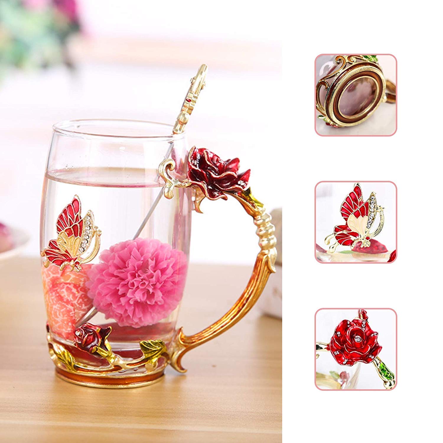 Butterfly Flower Enamel Glass Tea Cup & Coffee Mug - Rose Red Cute Gift for Women, Mom, Grandma, Wife - Perfect for Mother's Day, Anniversary, Christmas, Valentine's Day - Ideal for Tea Parties, Coffee Breaks & Home Decor