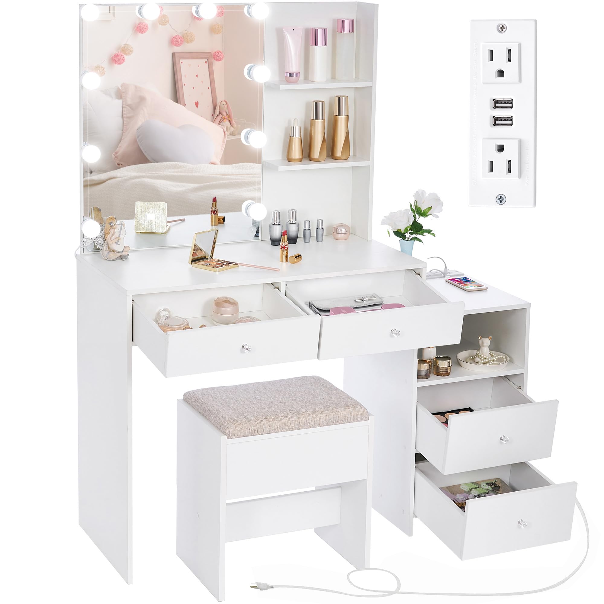 ANWBROAD White Makeup Vanity Desk with LED Lights & Mirror - 10 LED Bulbs, Charging Station, Drawers, Storage Shelves & Stool - Dressing Table for Women & Girls - Perfect for Bedroom, Dorm Room & Beauty Salon (Model: UBDT13W)