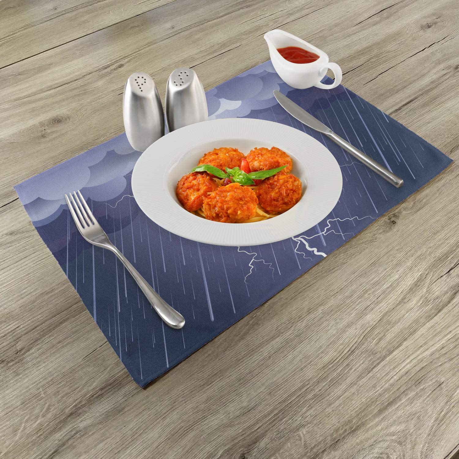 Ambesonne 4-Pack Lightning Placemats - Stormy Night Design for Dining & Kitchen Decor - Blue Washable Fabric