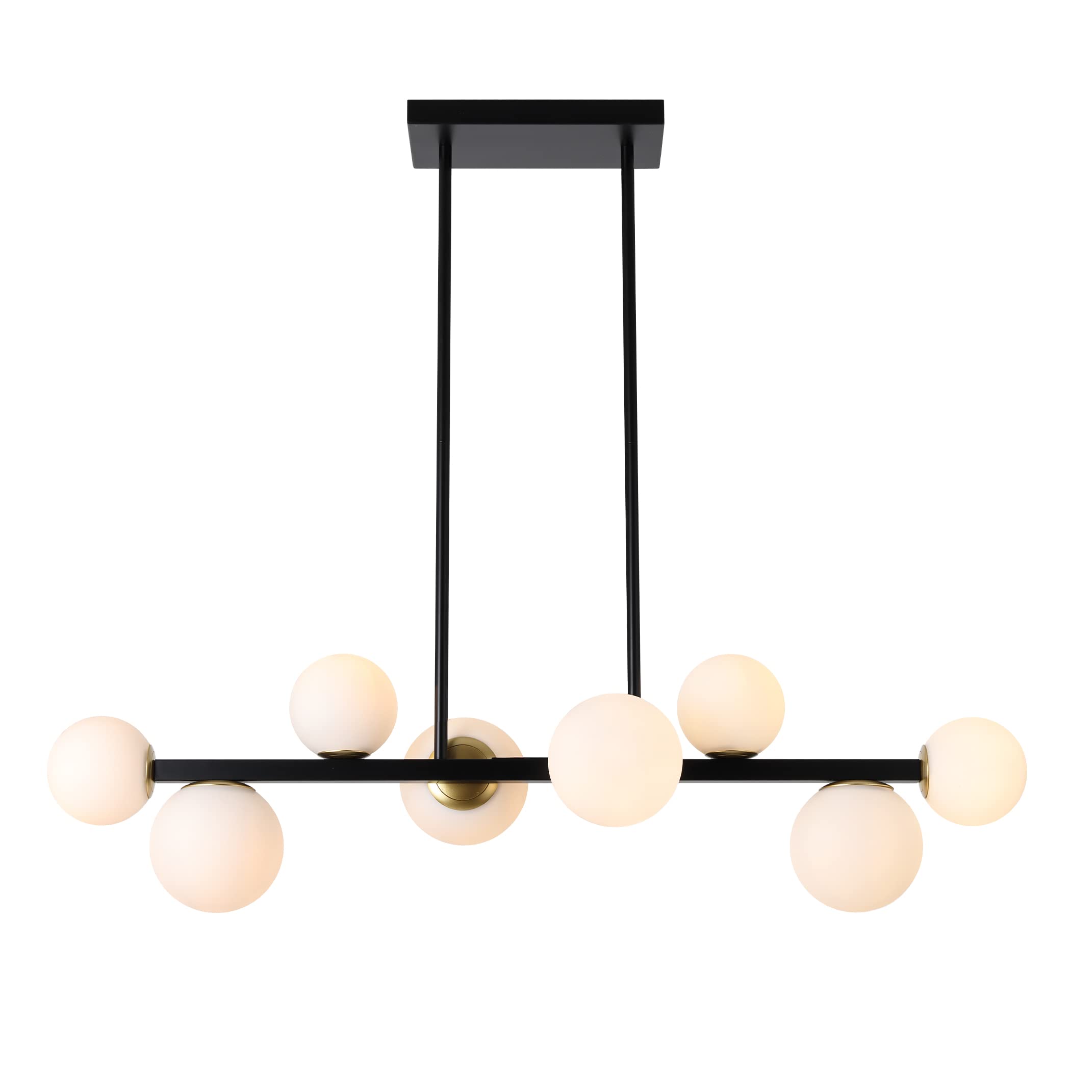 Mid Century Modern 8-Light Linear Chandelier - Adjustable Black & Gold Glass Globe Pendant Light for Dining Room, Kitchen Island & Living Room | Perfect for Farmhouse, Industrial & Contemporary Home Decor