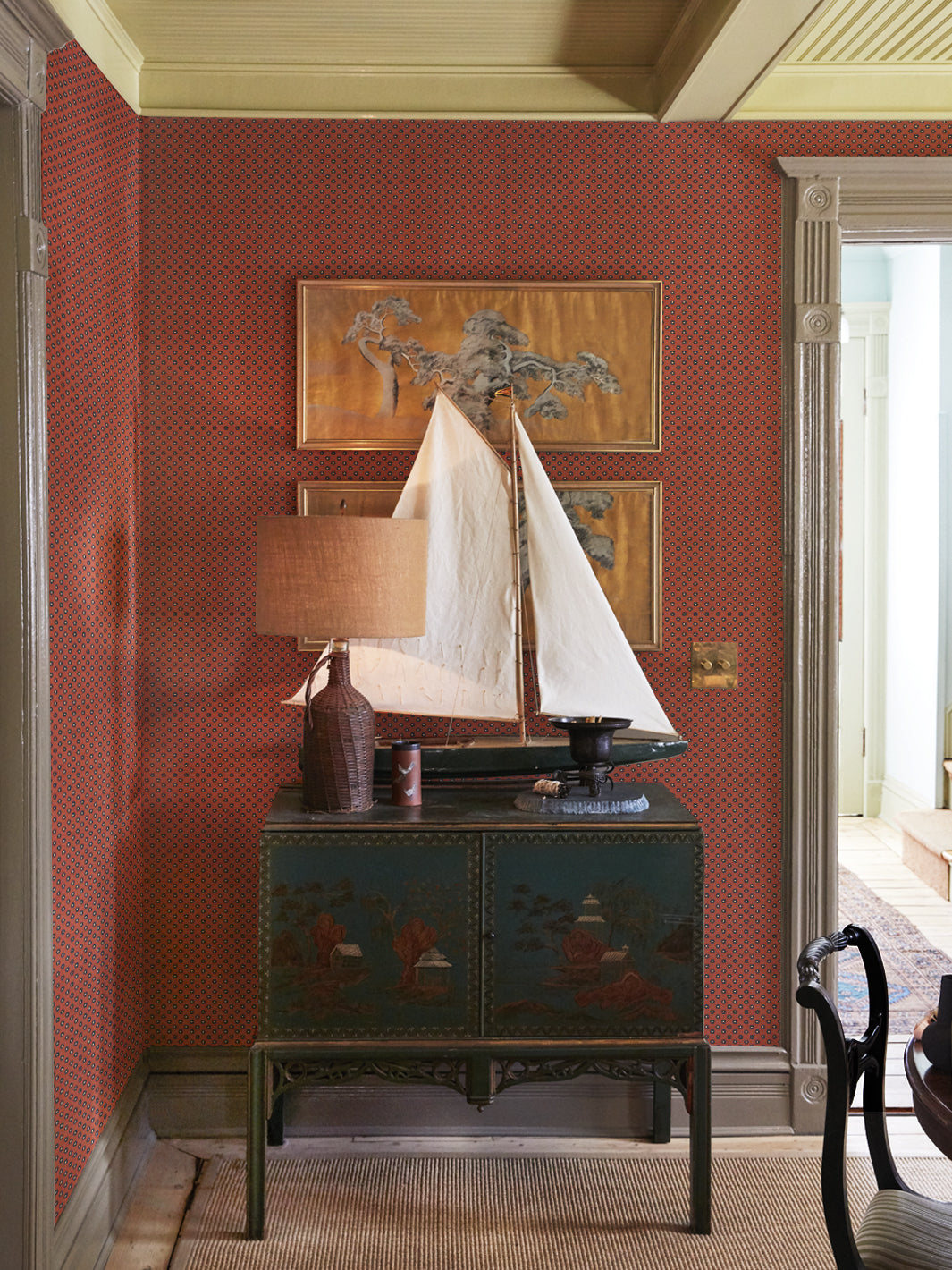 Chris Benz 'Ditsy Flower' Navy on Red Wallpaper - Vintage Floral Peel and Stick Wallpaper for Bedroom, Living Room Decor