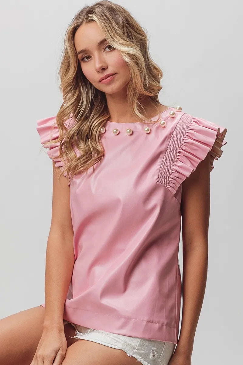 BiBi Leather Smocked Ruffled Top - Women's Fashion Blouse for Casual & Party Wear | Perfect for Date Nights, Office Outfits & Special Occasions