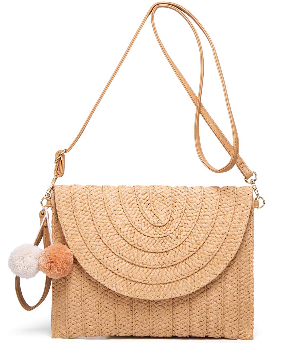 Handwoven Straw Clutch with PomPom - Women's Crossbody Bag for Summer Beach, Boho Purse & Wallet | Perfect for Vacations, Pool Parties, and Outdoor Events