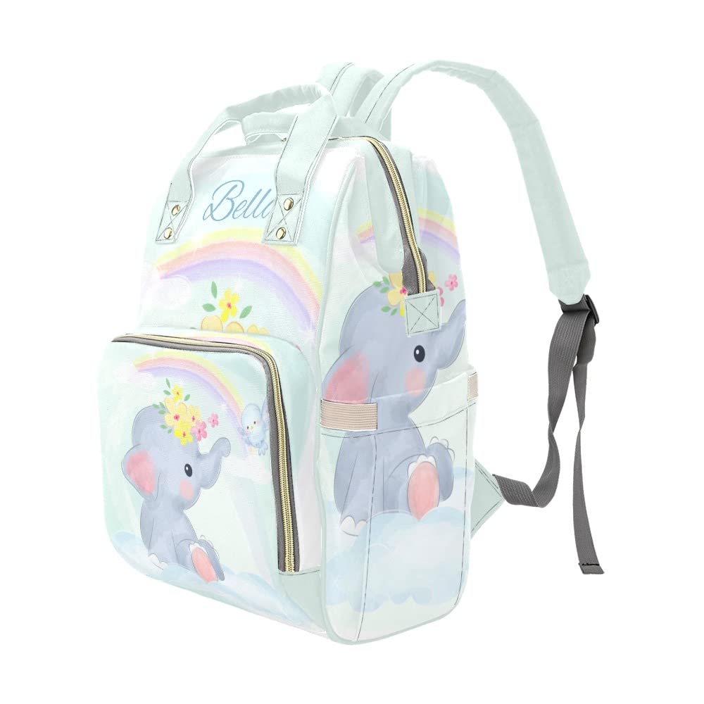 Custom Personalized Name Diaper Bag - Waterproof Nursing Tote & Mummy Backpack for Travel, Outdoor (Elephant Clouds Rainbow Design) | Perfect Baby Shower Gift & Mom Essentials for Park Outings, Shopping Trips