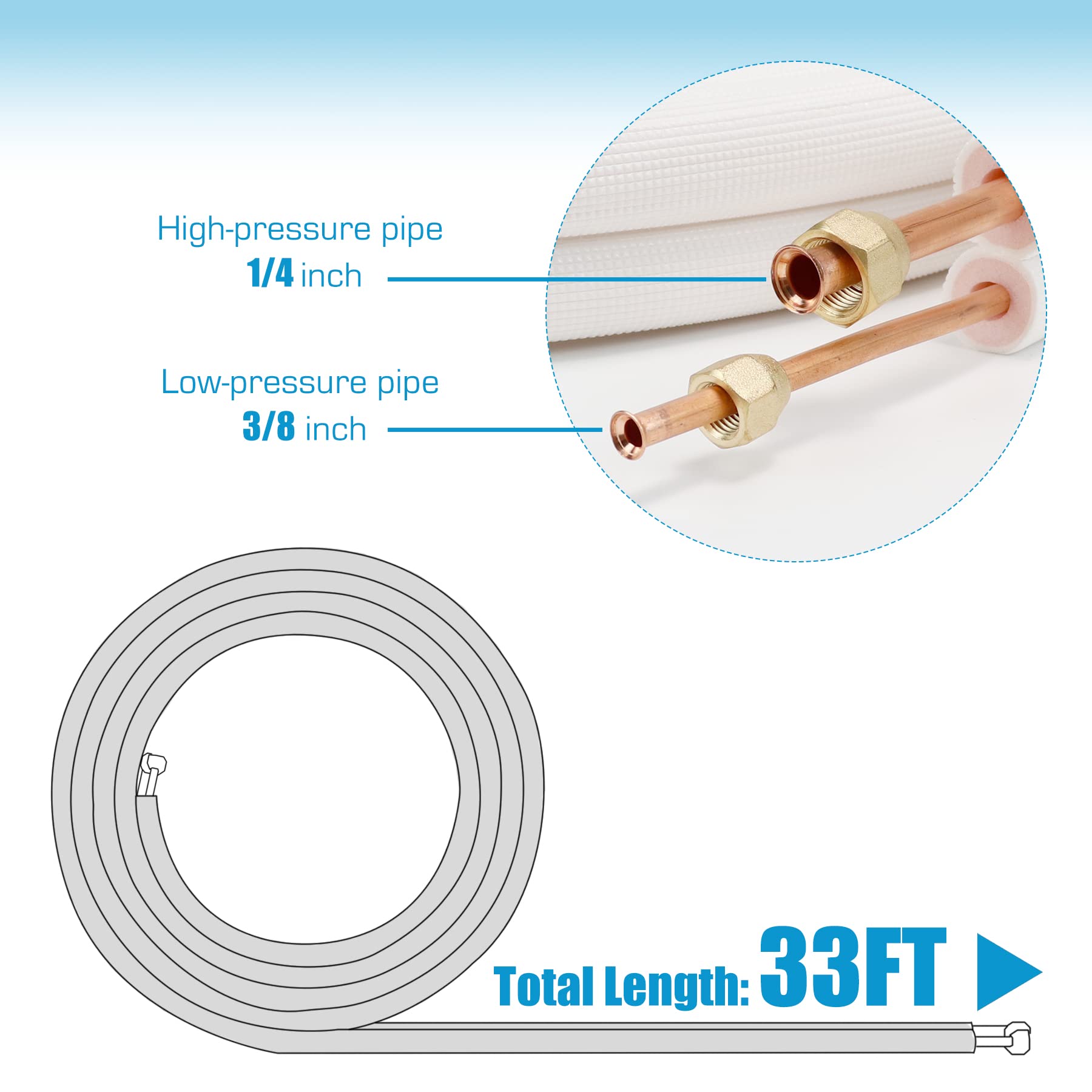 33 ft. Insulated Copper Aluminum AC Line Set - 1/4 & 3/8 Inch Refrigerant Pipes for Ductless Mini Split Air Conditioner & Heat Pump System - Perfect for Home, Office, and Commercial HVAC Installations