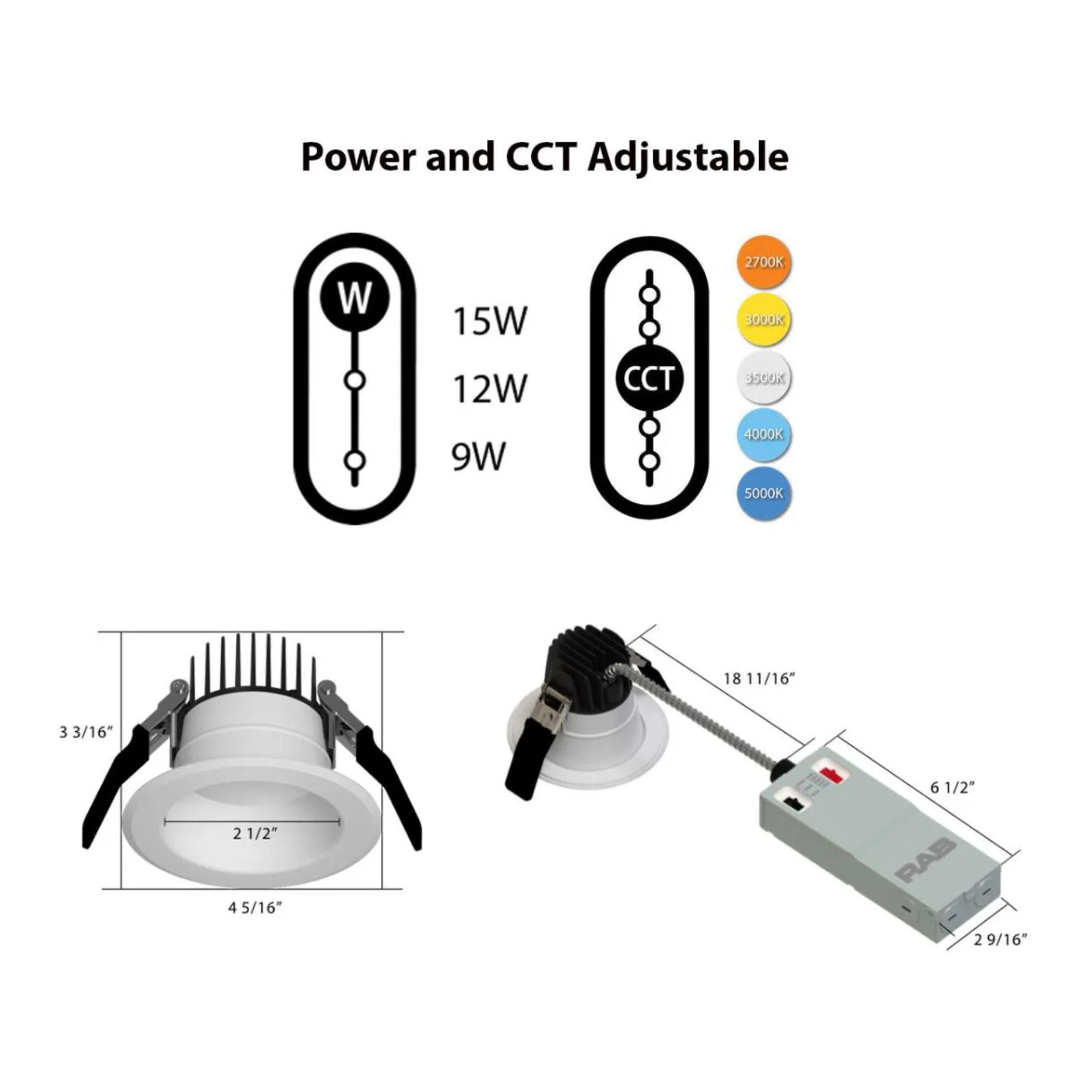 3 High Output Commercial Downlight 1500LM, 5 CCT Adjustable, 120-277V Wide Voltage, ELV/0-10V Dimming - Perfect for Retail Stores, Warehouses & Office Lighting