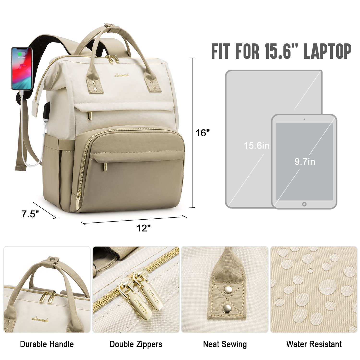 LOVEVOOK Women's Laptop Backpack - Stylish 15.6 Inch Computer Bag for Work, Travel & School | Water-Resistant Business Backpack for Professionals, Nurses & Students | Perfect for Commuting, Office & College (Beige-Khaki)