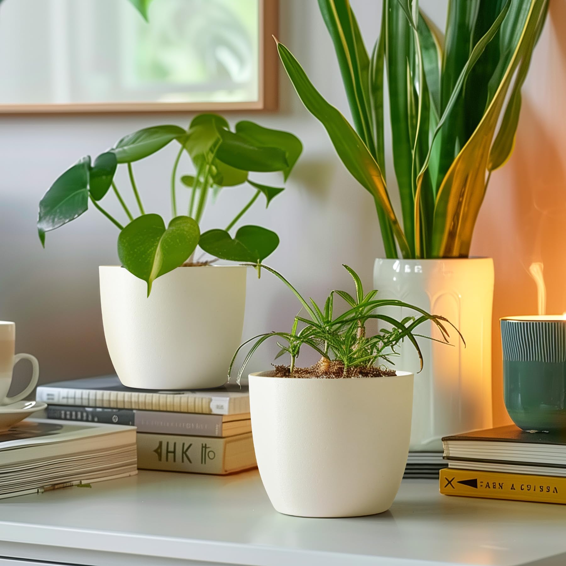 6 Inch Self Watering Planters - Set of 6 Modern White Plastic Flower Pots for Indoor Plants, Herbs, Succulents & African Violets | Decorative Window Box Planter for Home, Office & Garden Decor