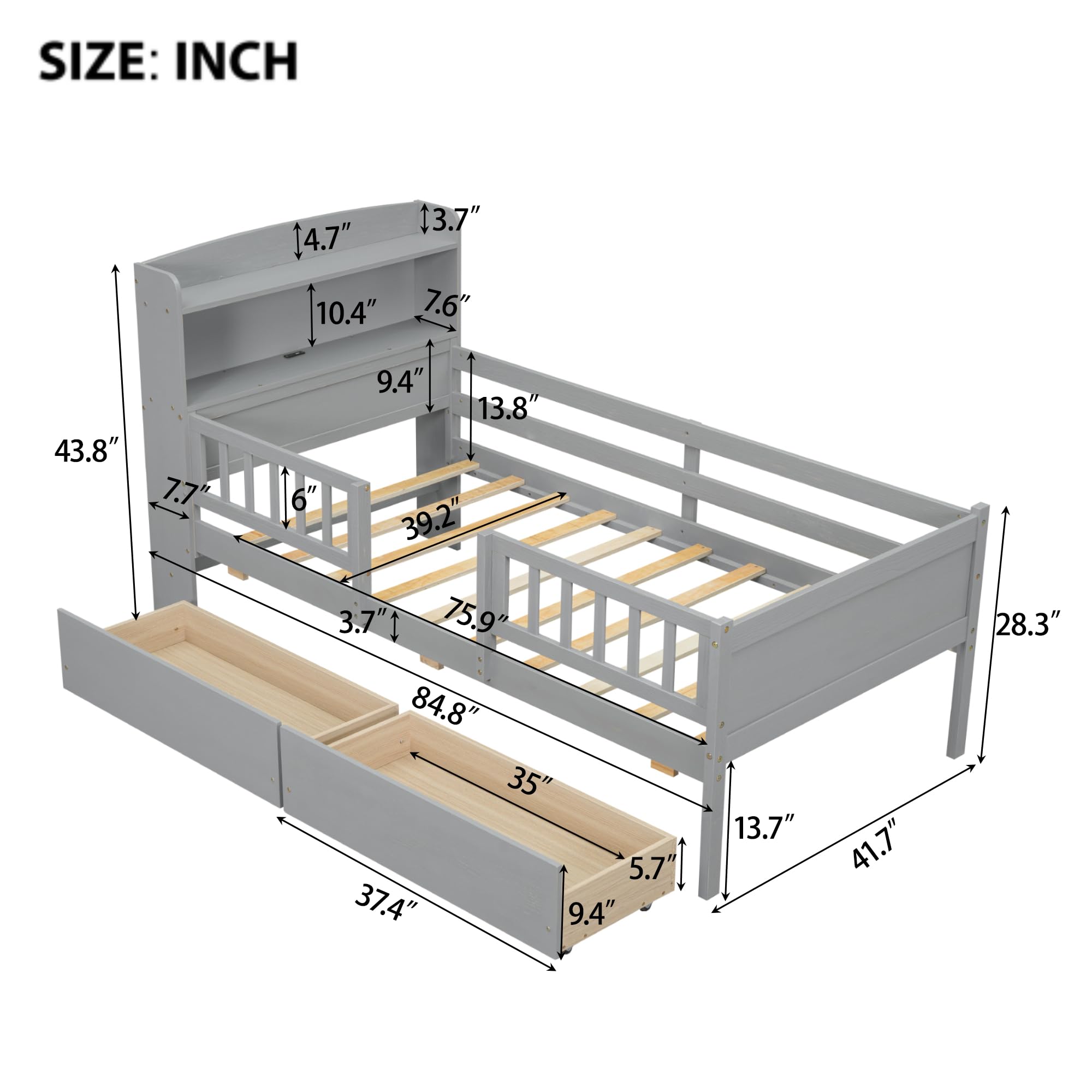 P PURLOVE Twin Size Wooden Platform Bed Frame with Storage Headboard, Built-in LED Lights, Guardrail & 2 Drawers - Modern Space-Saving Bedroom Solution for Small Apartments and Dorms