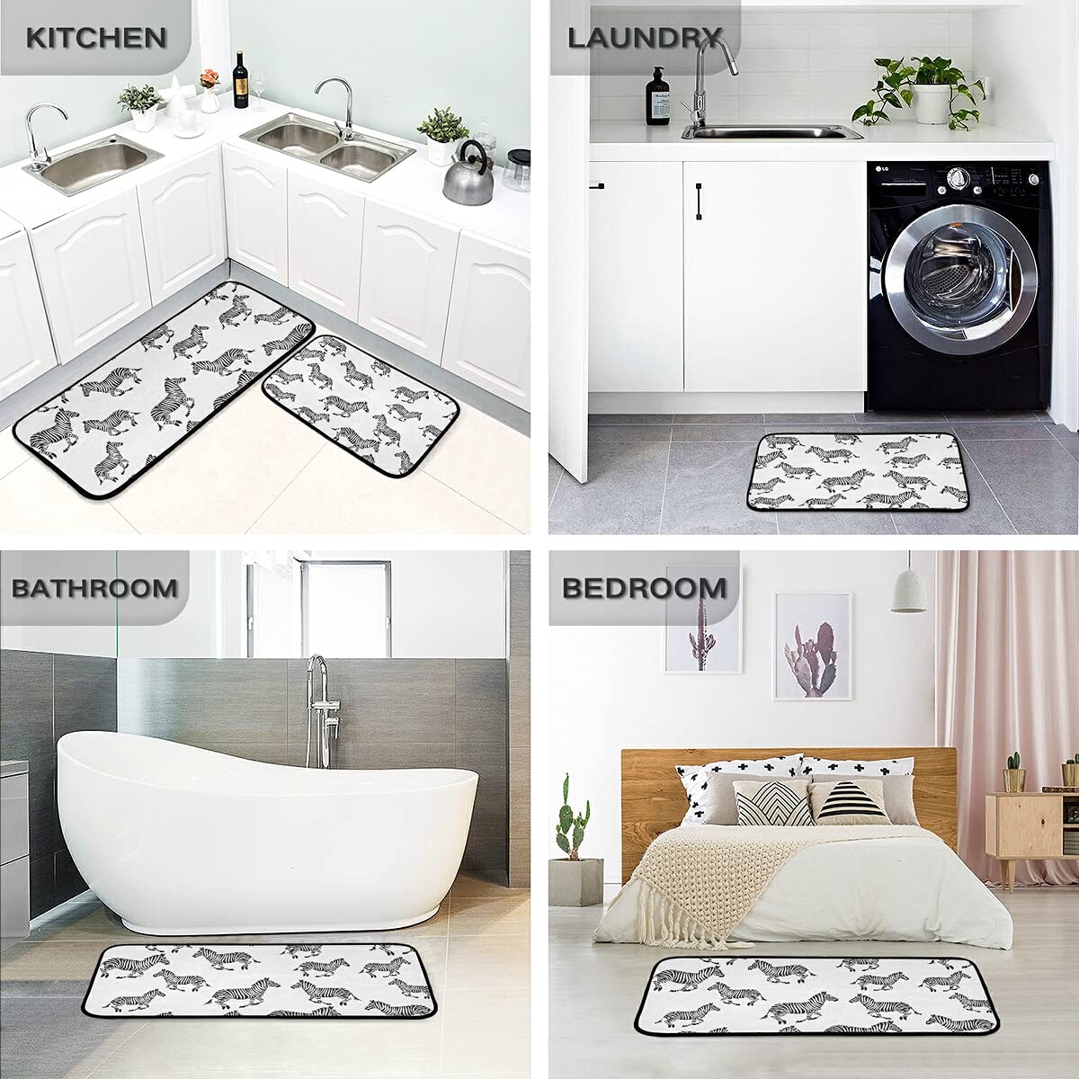 Non-Slip Washable Zebra Print Kitchen Rugs Set of 2 - Soft Floor Mats for Kitchen, Living Room & Entryway - Perfect for High Traffic Areas and Home Decor