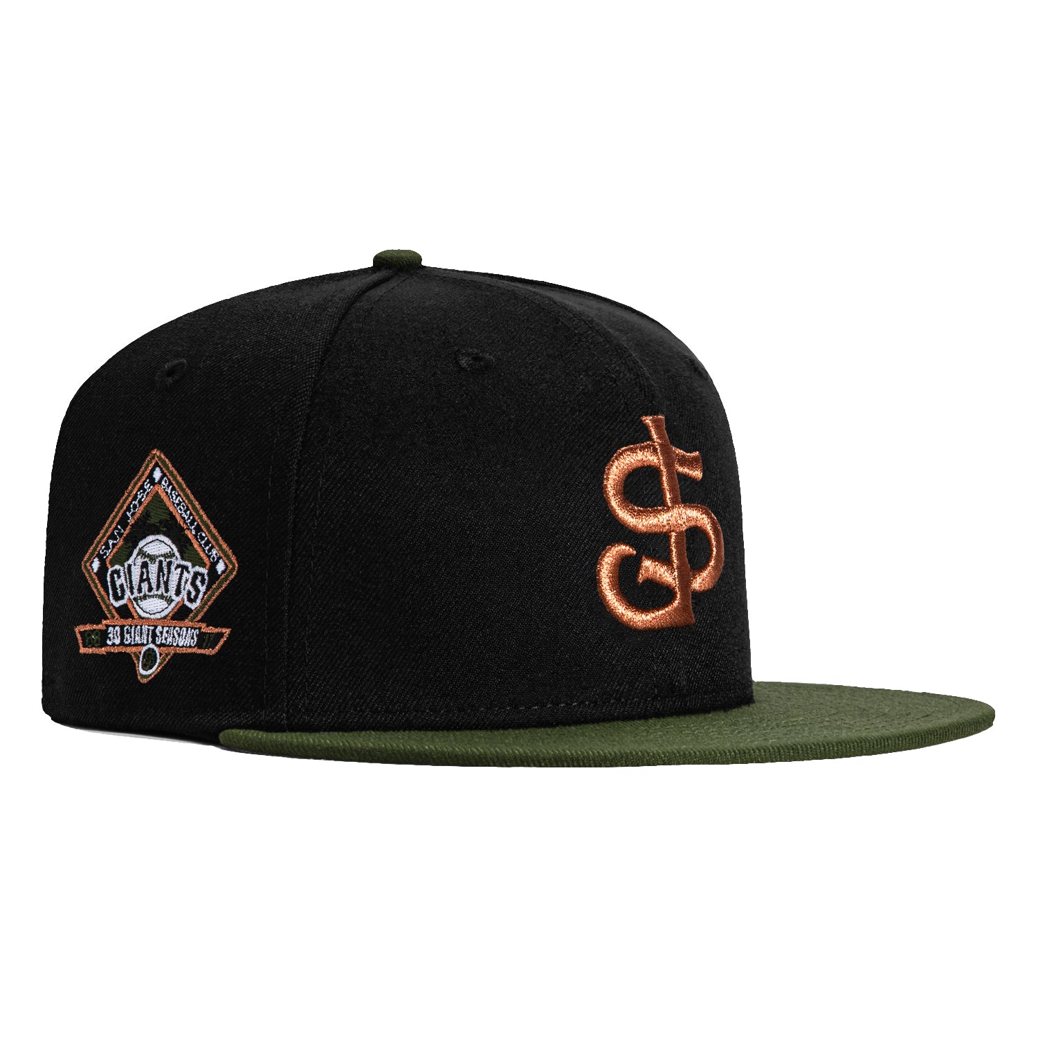 New Era 59Fifty San Jose Giants 30th Anniversary Patch Snapback Hat - Black, Olive, Metallic Copper - Perfect for Baseball Games, Fan Collections & Streetwear Fashion