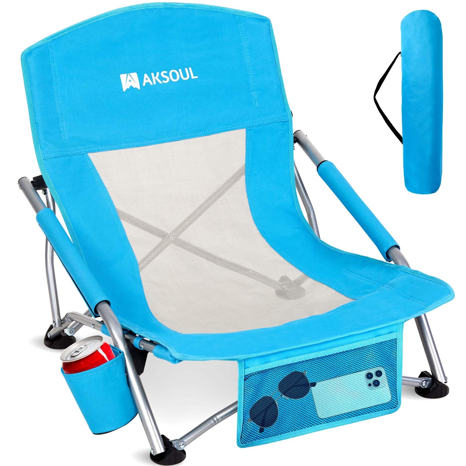 AKSOUL Folding Beach Chair for Adults - Portable High/Low Back Camping Chair with Carry Bag, Extra Wide Seat & Comfortable Pillow - Perfect for Beach, Picnic, Backyard, Travel and Outdoor Activities (Blue, 1 Pack & 2 Pack Options)