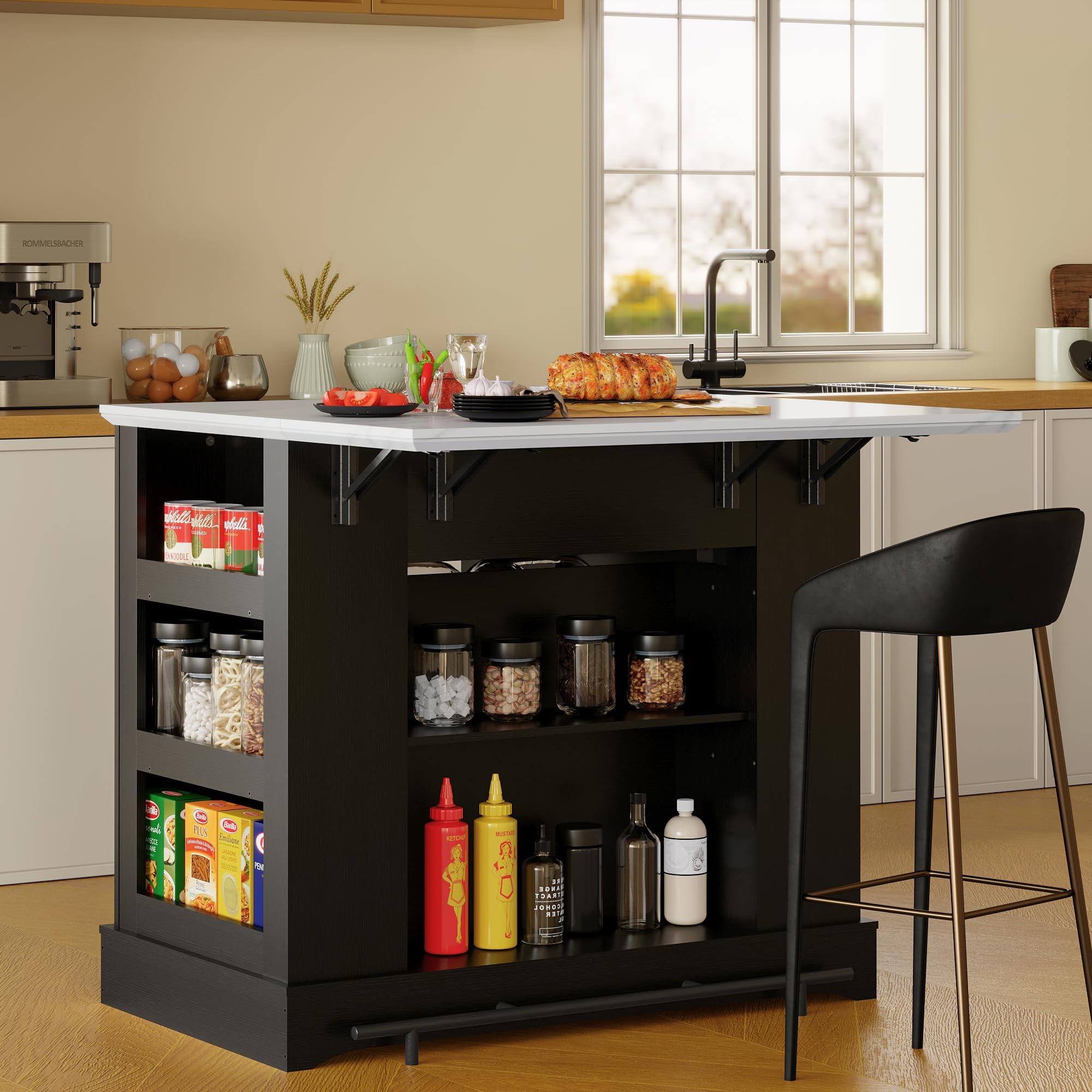 FUSUNBAO Large Kitchen Island with Storage, Power Outlet, Drawer, Adjustable Shelves, Side Compartments, Drop Leaf & Footrest, Black – Perfect for Small Kitchens and Open Floor Plans