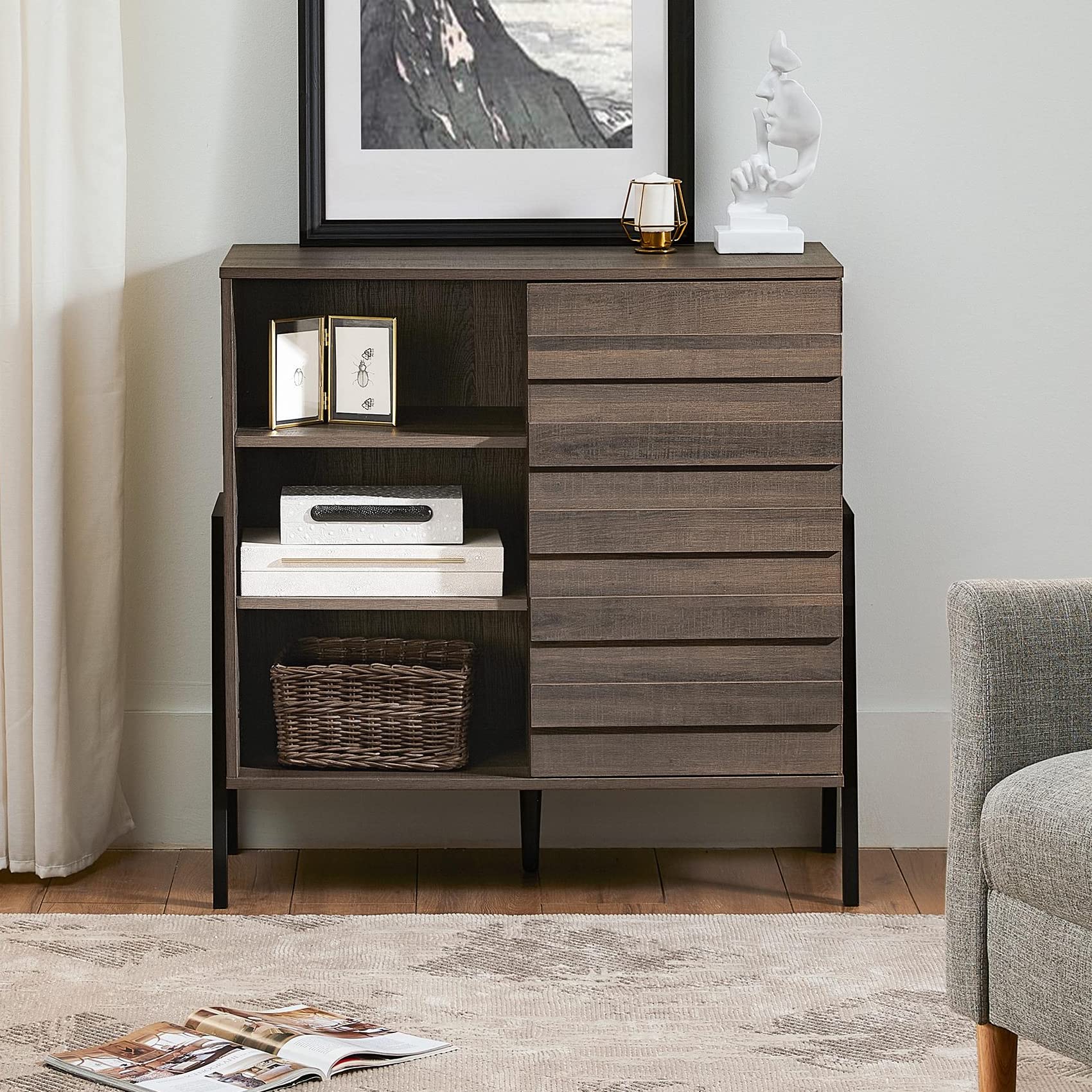 FITUEYES Mid Century Modern Floor Storage Cabinet with Metal Legs - Brown Buffet Sideboard, Bar Serving Console & Entryway Table for Living Room, Bedroom, Bathroom & Kitchen | Perfect for Home Organization & Stylish Storage Solutions