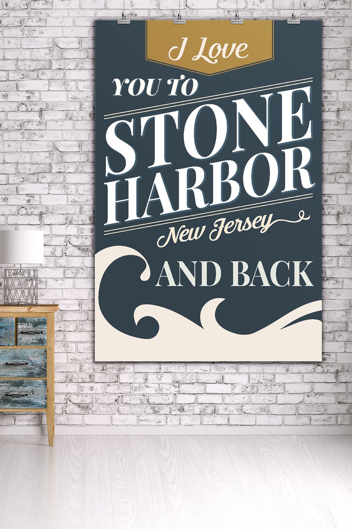 Love You To Stone Harbor New Jersey And Back Beach Sentiment Dark Blue Gold 36x54 Giclee Gallery Print - Coastal Travel Poster Wall Art Decor for Beach House, Living Room & Office