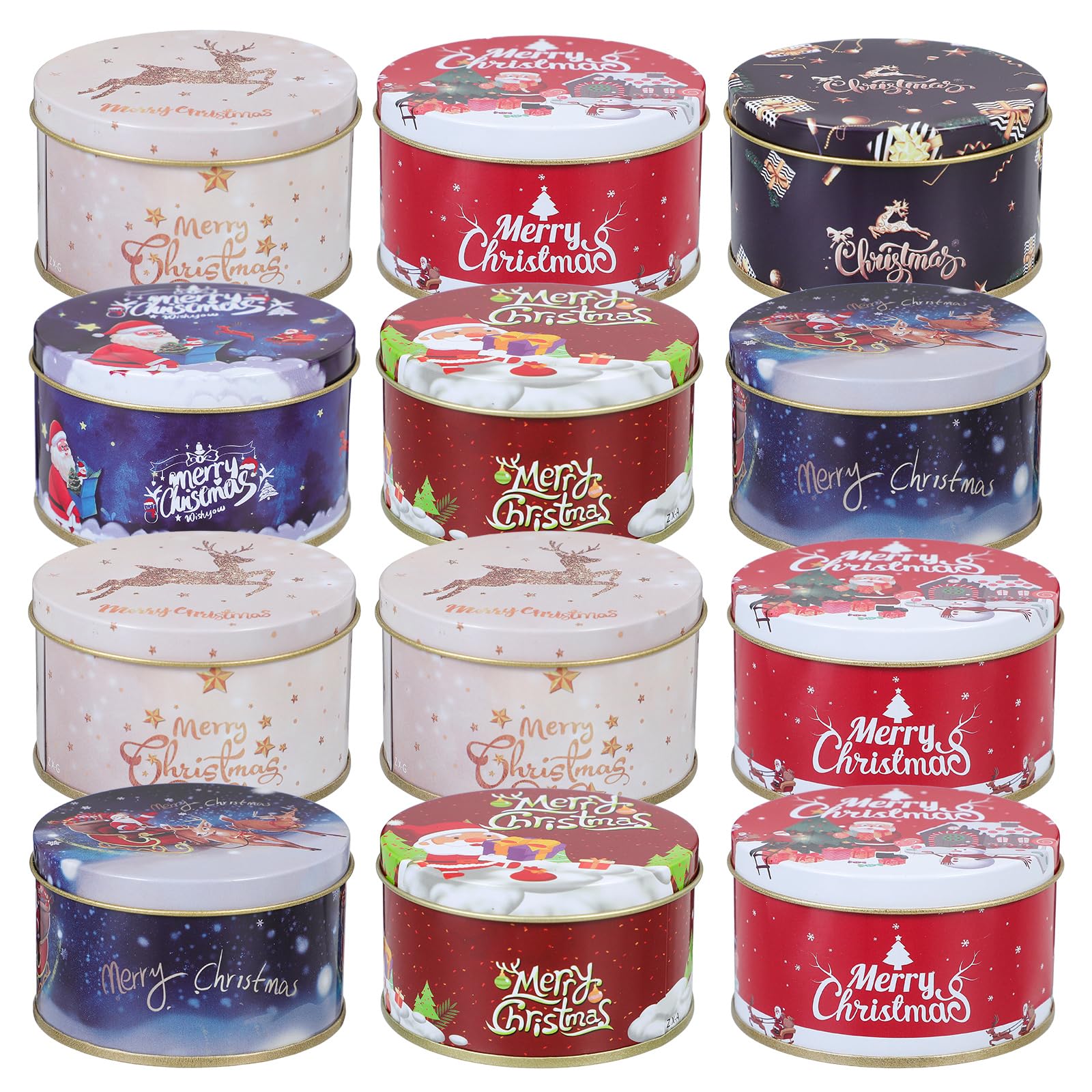 12-Piece Round Metal Christmas Cookie Tins with Lids - Holiday Decorative Candy Storage Containers in Assorted Colors | Perfect for Gifts, Party Favors & Festive Treat Storage