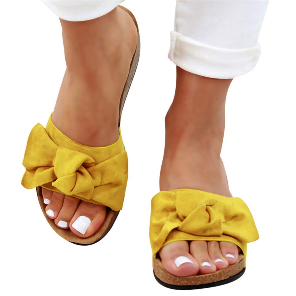 Women's Flat Sandals with Cork Sole & Canvas Knot Bow - Comfortable Slide Sandals for Casual Wear, Beach, and Summer Outfits