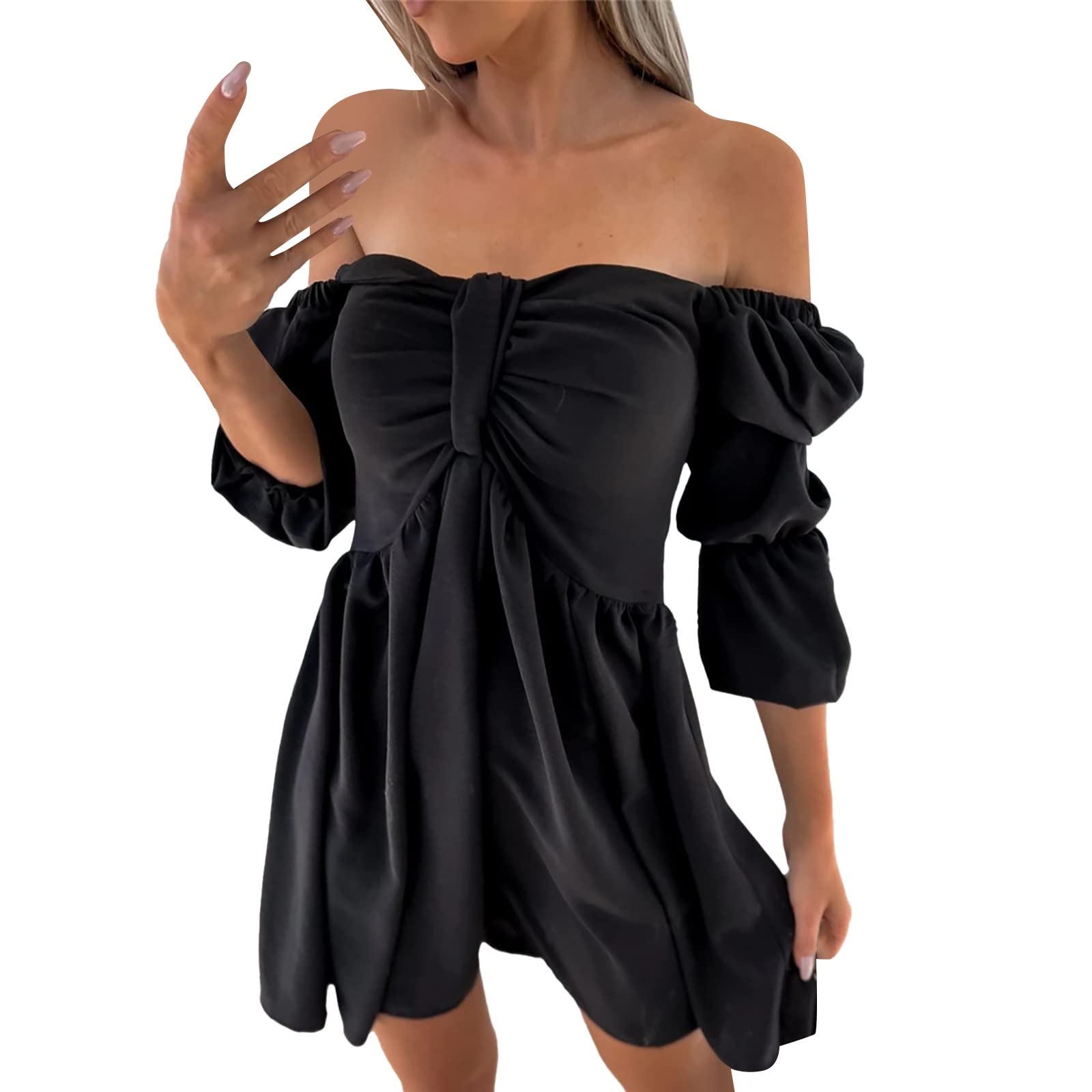 Women's Casual Off The Shoulder Flowy Mini Dress with Puff Sleeves - Summer Party Wedding Guest Dress for Beach, Vacation & Date Night