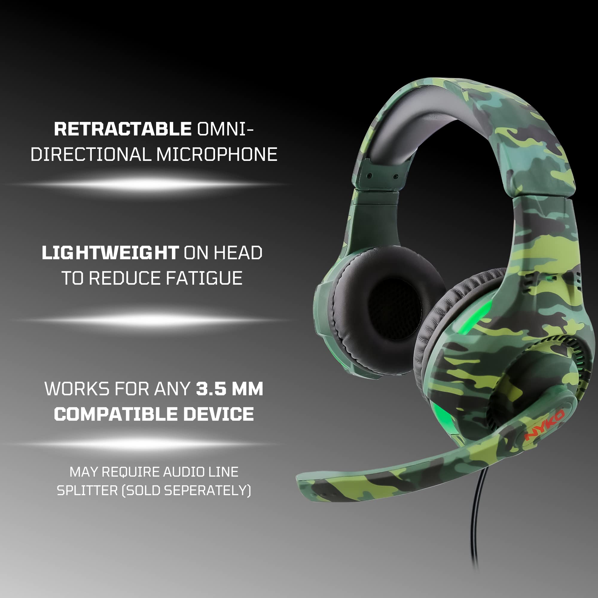 Nyko Universal Deluxe Gaming Headset - Wired Over-Ear Headphones with Adjustable Noise-Canceling Mic for Xbox One, Xbox Series X, PS4, PS5, Nintendo Switch & Mac (Forest Camo) - Perfect for Competitive Gaming, Online Chat & Immersive Audio Experience