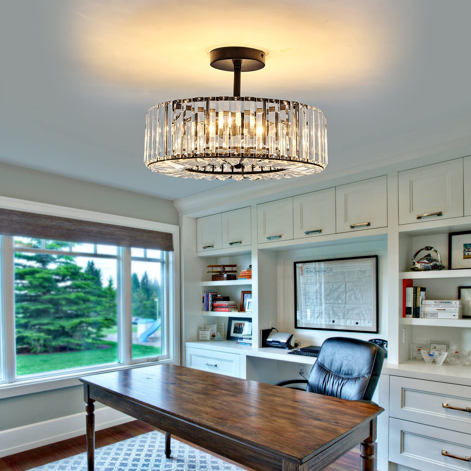 4-Light Modern Crystal Chandelier - Black Round Semi-Flush Mount Ceiling Light Fixture - Farmhouse Style Lighting for Dining Room, Living Room, Bedroom, Hallway, Entryway & Kitchen - Perfect for Home Decor, Wedding Venues and Restaurants