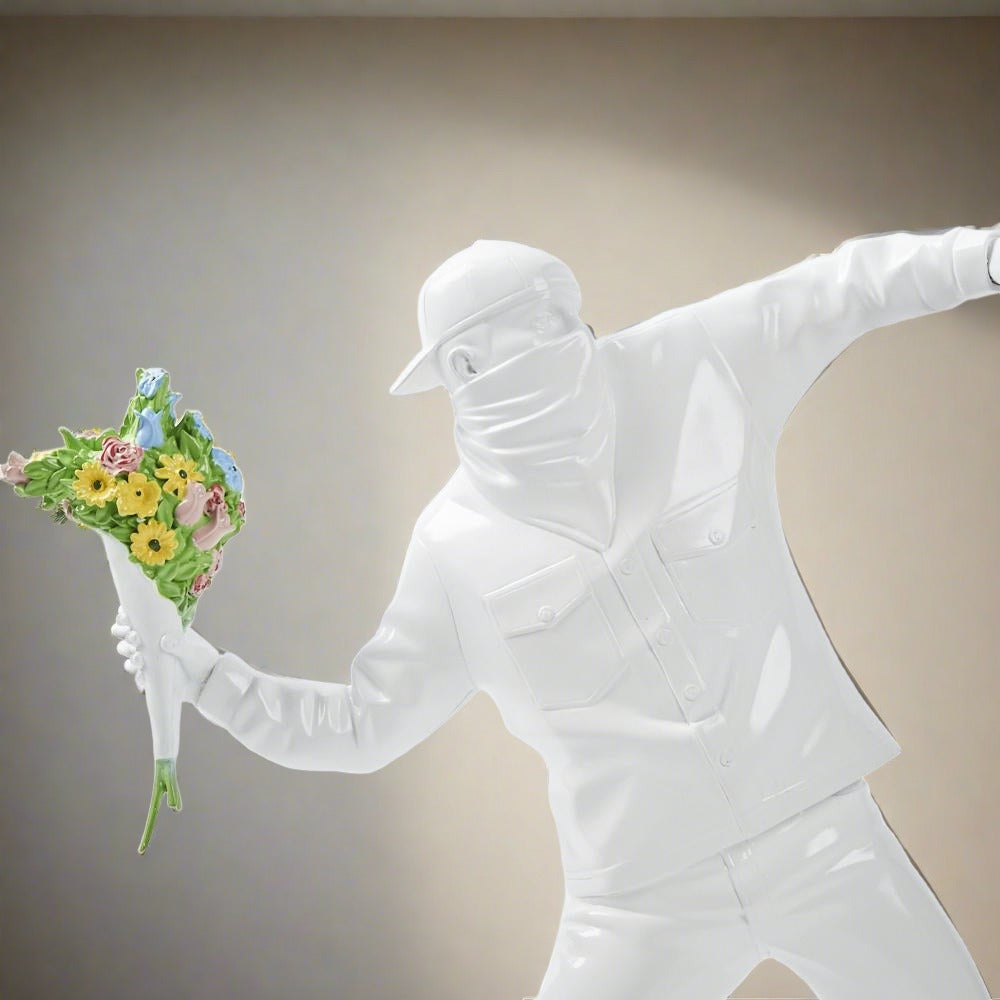 Banksy Flower Bomber Boy Statue Sculpture - Street Art Home Decor for Living Room, Office & Garden - Perfect Gift for Art Lovers