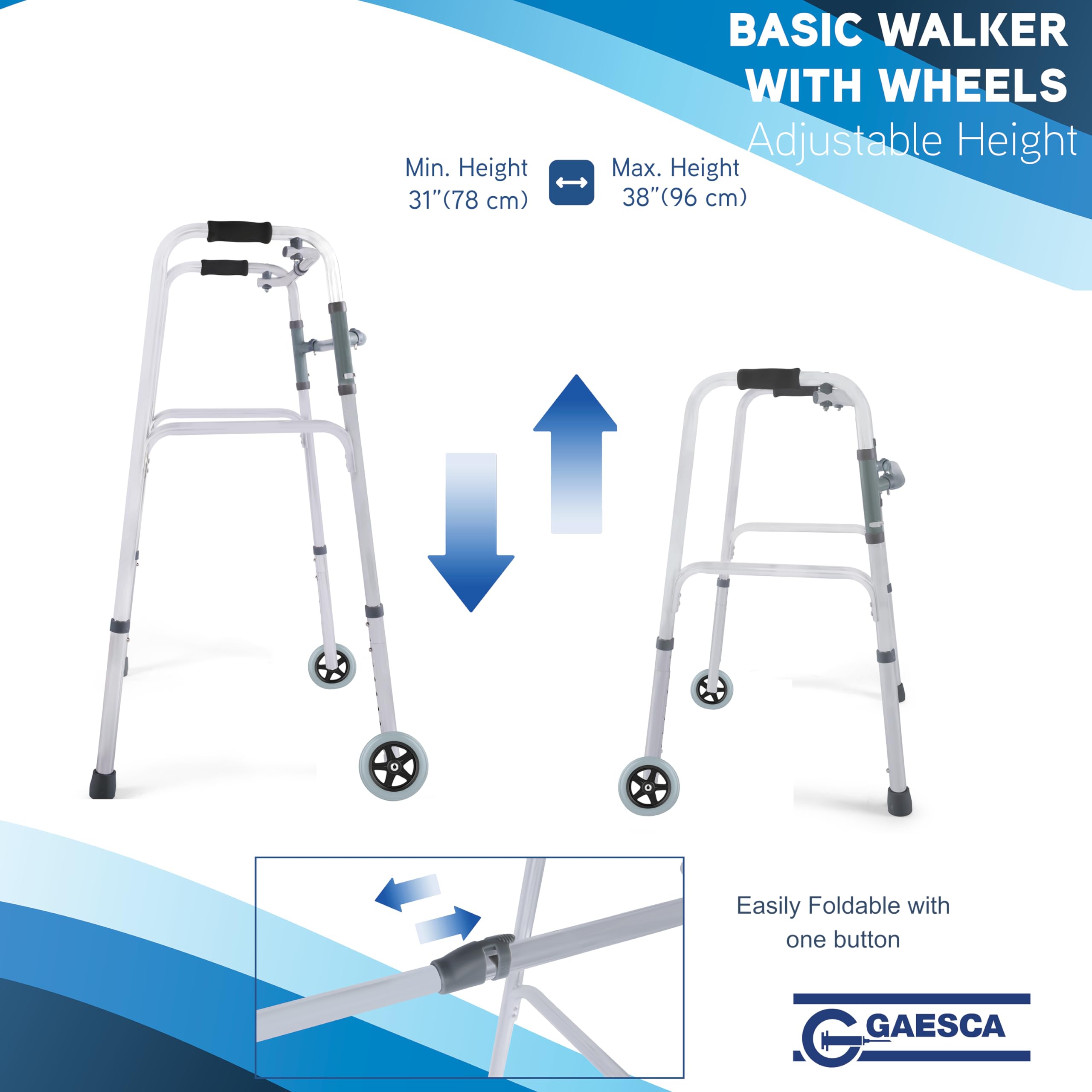 Lightweight Aluminum Folding Walker with Front Wheels - Adjustable Height, Easy 1-Button Fold, Portable Mobility Aid for Seniors & Recovery - Ideal for Indoor/Outdoor Use, Travel & Daily Assistance (Silver)