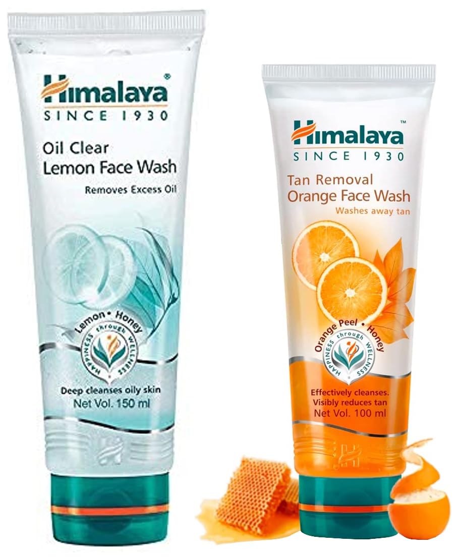 Himalaya Tan Removal Orange Face Wash (100ml) & Oil Clear Lemon Face Wash (150ml) Combo - Brightening & Oil Control for Oily & Combination Skin - Perfect for Daily Skincare Routine & Travel