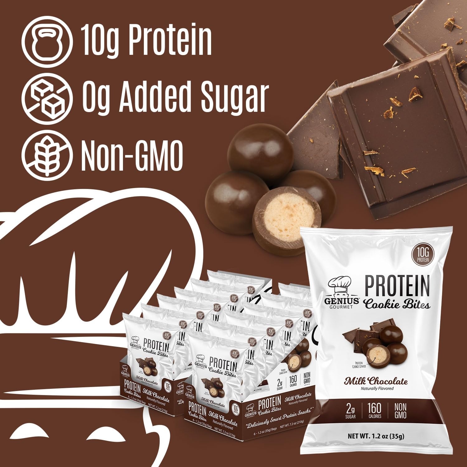 Genius Gourmet Protein Cookie Bites Milk Chocolate - 10g Protein, No Added Sugar, Low Carb, Non-GMO - Healthy Protein Snacks for Adults & Kids - 12 Pack (Perfect for Workouts, School Lunches & On-the-Go Snacking)